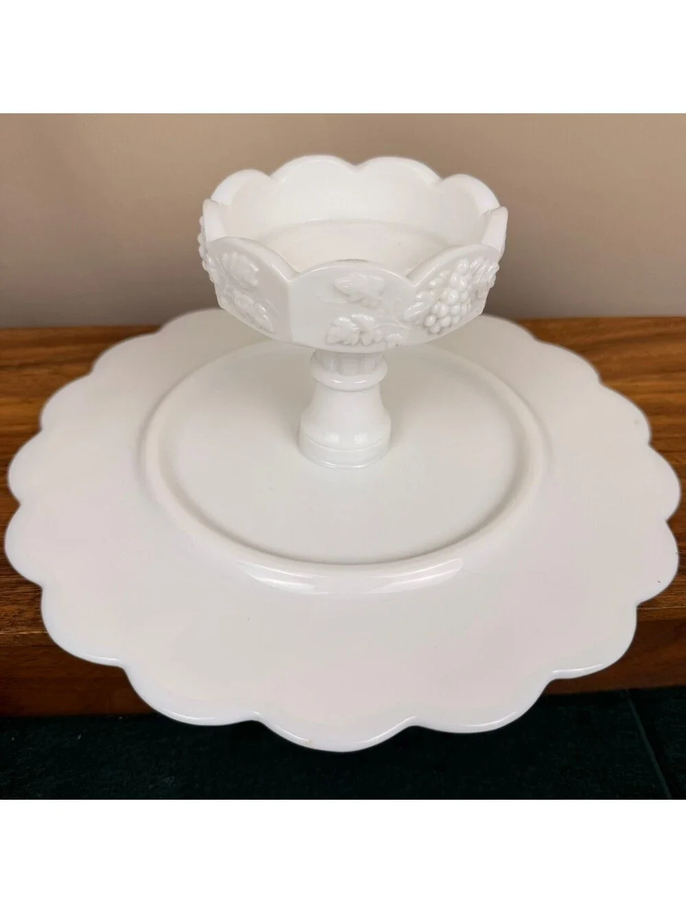 Vintage Westmoreland White Milk Glass Pedestal Cake Stand Paneled Grape & Leaf